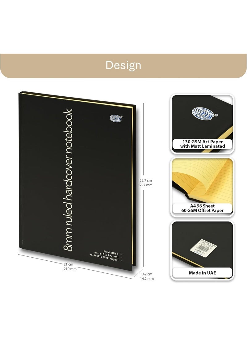 FIS Hard Cover Notebook, Glued Binding, A4 Size(210x297mm), 96 Sheets, 192 Pages, Pastel Cream Color Paper with 8mm Single Ruled, Packet of 5 Pieces, Black Cover Design-FSNBA4SL96PCR - Image 3